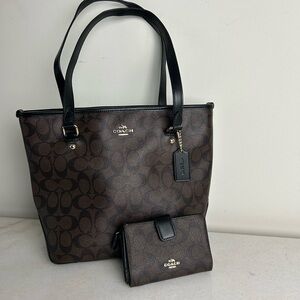 Coach Signature Brown and Black Tote with Wallet